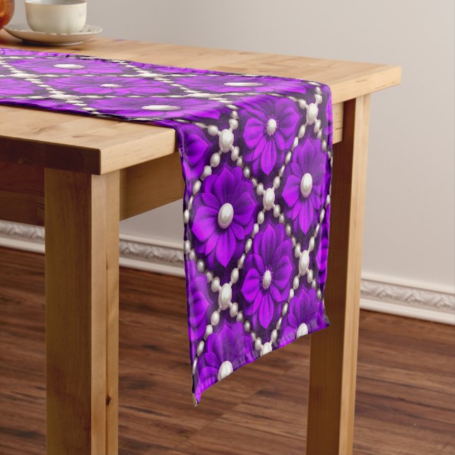 Purple Flower Pattern With Pearl Beads Short Table Runner (In Situ)