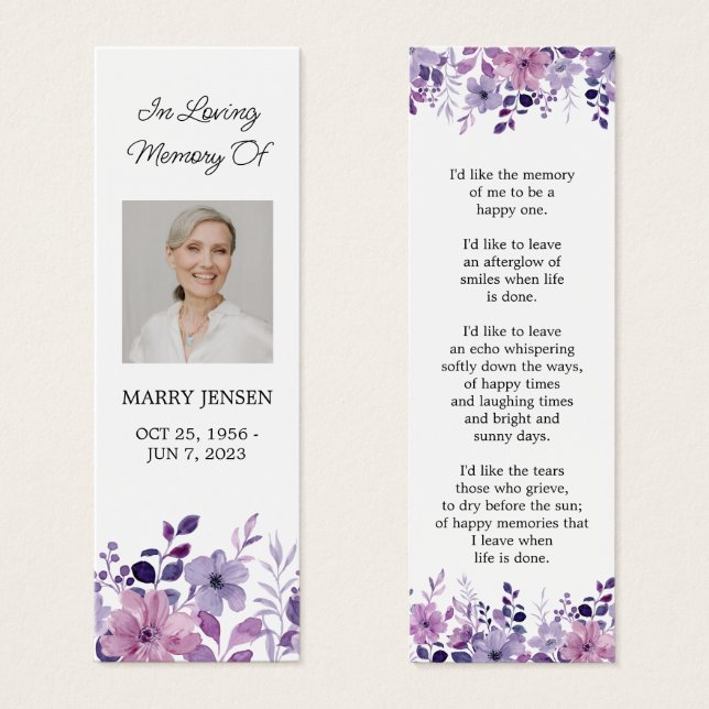 Purple Flower Photo Funeral Memorial Bookmark (Front & Back)