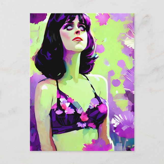 Purple Flower Power Retro Woman Painting Postcard (Front)