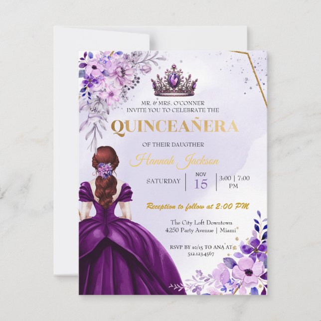 Purple Flower Princess Dress Quinceanera Invitation (Front)