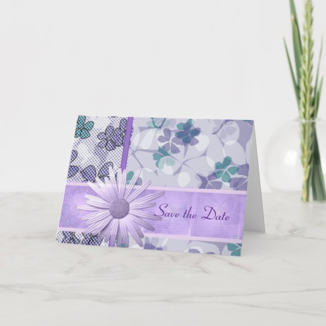 Purple flower print save the date announcement (Front)