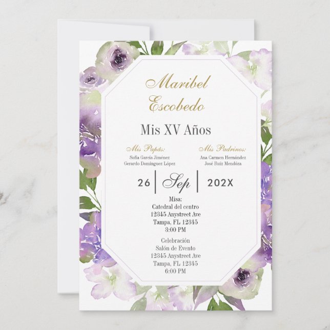 purple flower Quinceanera invitation (Front)