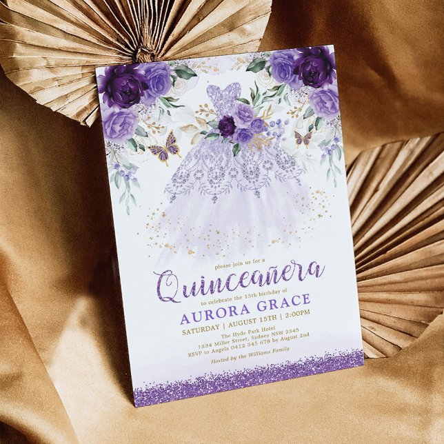 Purple Flower Quinceañera Princess Dress Butterfly Invitation (Creator Uploaded)
