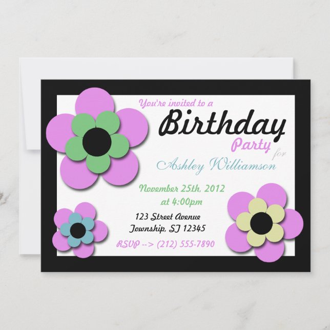 Purple Flower Retro Dazzle Birthday Invitations (Front)