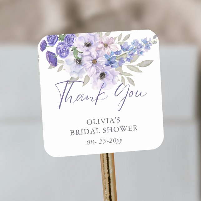 Purple Flower Script Bridal Shower Thank You Square Sticker (Purple Flower Script Bridal Shower Thank You Square Sticker)