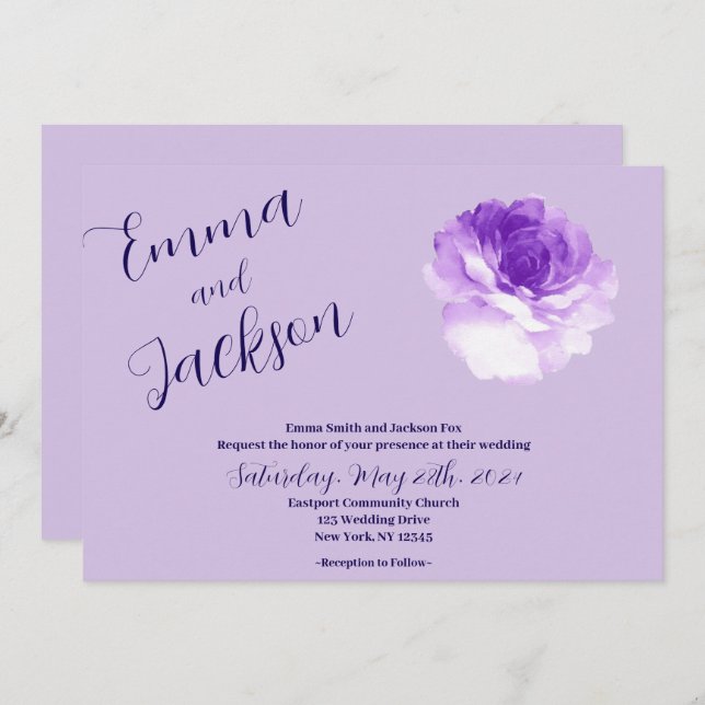 Purple Flower Script Wedding Invitation (Front/Back)