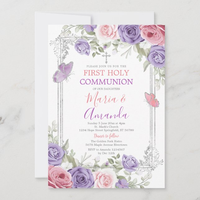 Purple Flower Silver Cross Pink 1st Holy Communion Invitation (Front)