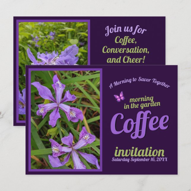 Purple Flower Sip Celebrate Coffee Morning Garden Invitation (Front/Back)