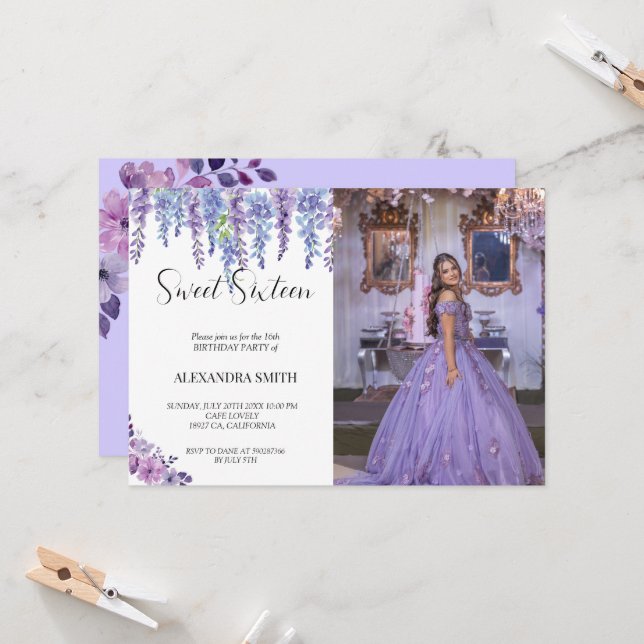 Purple flower sweet sixteen birthday with photo invitation (Front/Back In Situ)