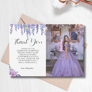 Purple flower sweet sixteen birthday with photo thank you card