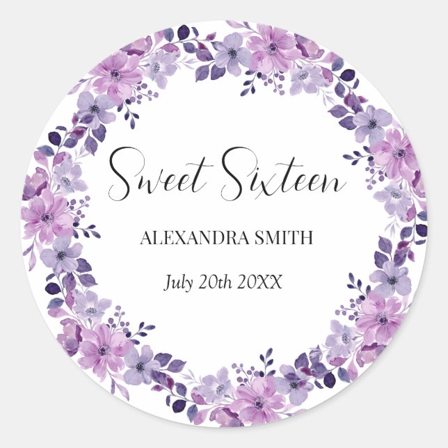 Purple Flower Sweet Sixten Classic Round Sticker (Front)