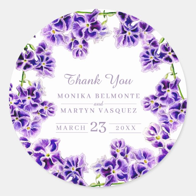 Purple flower watercolor wedding thank you classic round sticker (Front)