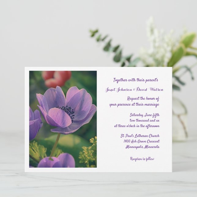 Purple Flower Wedding Invitation (Standing Front)