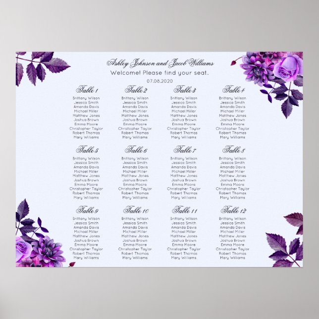Purple flower wedding seating chart. Violet floral Poster (Front)