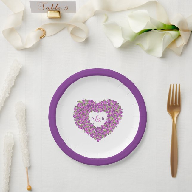Purple flower wedding tulip heart bouquet monogram paper plate (Wedding)