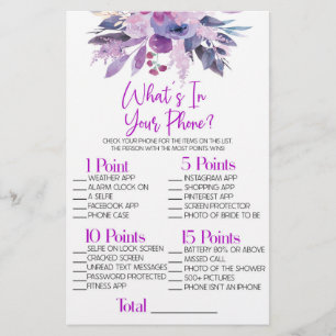 Purple Flower What's In Phone Bridal Shower Game Stationery