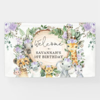 Purple Flower Wild Safari Animals Birthday Welcome