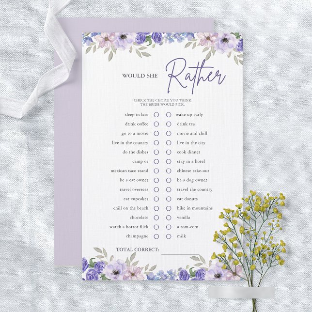 Purple Flower Would She Rather Bridal Shower Game (Purple Flower Would She Rather Bridal Shower Game)