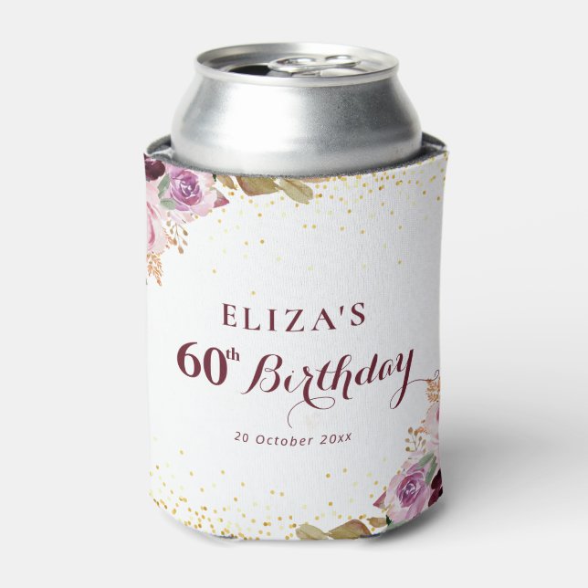 Purple flowers 60th birthday party can cooler (Can Front)