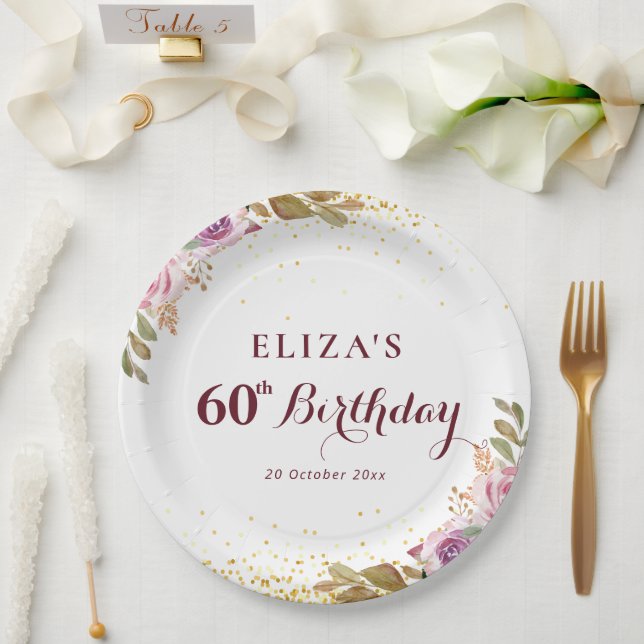 Purple flowers 60th birthday party paper plate (Wedding)