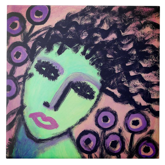 Purple Flowers Abstract Portrait of a Woman Tile (Front)