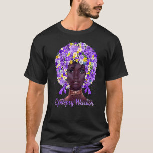 Purple Flowers Afro Hair Black Woman Epilepsy Warr T-Shirt