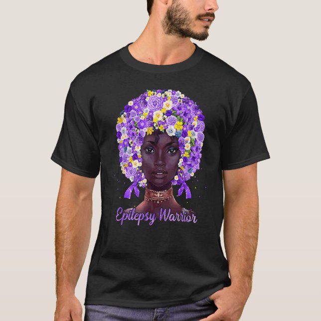 Purple Flowers Afro Hair Black Woman Epilepsy Warr T-Shirt (Front)