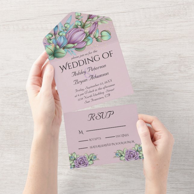 Purple Flowers  All In One Wedding Invitation (Tearaway)