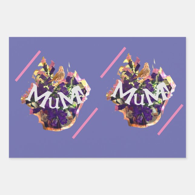 Purple Flowers and Bird Wrapping Paper Sheet (Front)