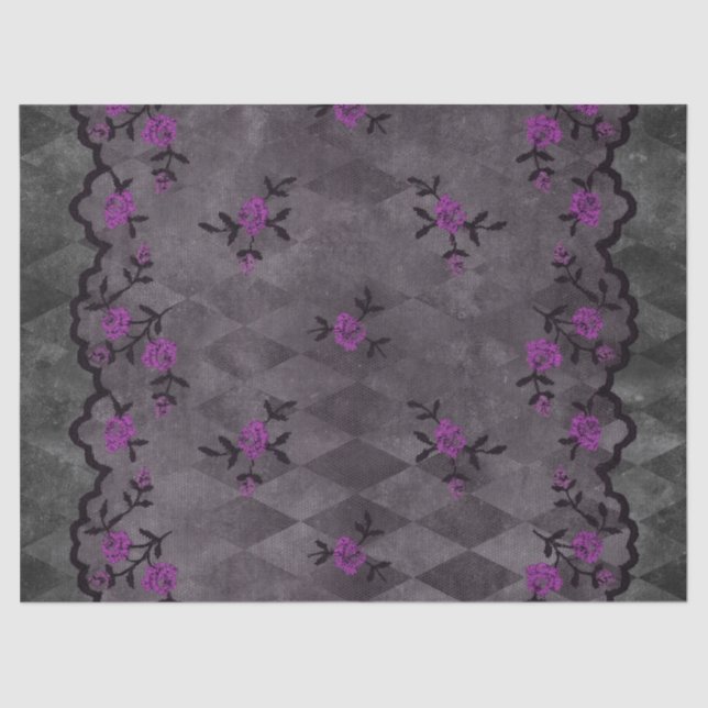 Purple Flowers and Black Faux Lace Decoupage Tissue Paper (Front)