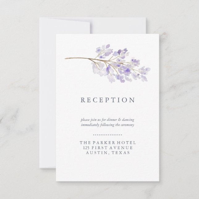 Purple Flowers and Branch Watercolor Reception Invitation (Front)