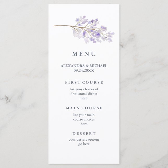 Purple Flowers and Branch Watercolor Wedding Menu (Front)
