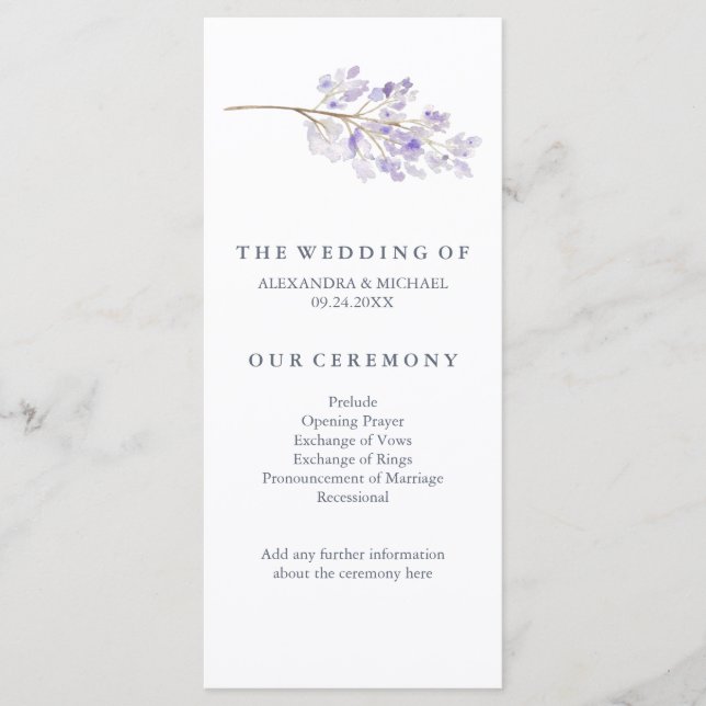 Purple Flowers and Branch Wedding Program Programme (Front)