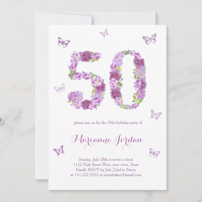 Purple Flowers And Butterflies 50th Birthday Party Invitation (Front)