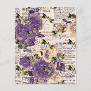 Purple flowers and dragonflies on newsprint