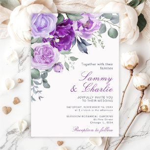 Purple Flowers and Eucalyptus Leaves Wedding Invitation