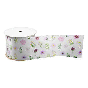 Purple Flowers and Foliage Pattern Satin Ribbon