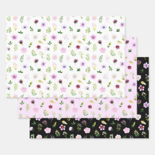 Purple Flowers and Foliage Pattern Wrapping Paper Sheet