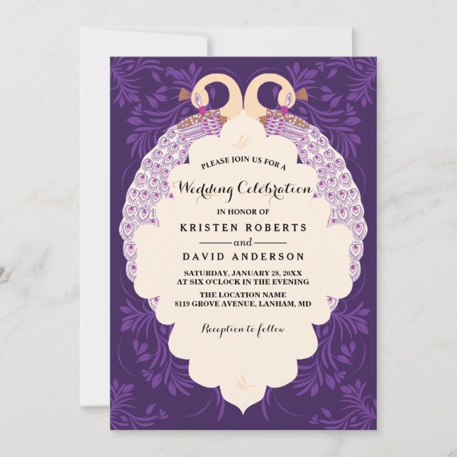 Purple flowers and frame with peacock wedding invitation (Front)