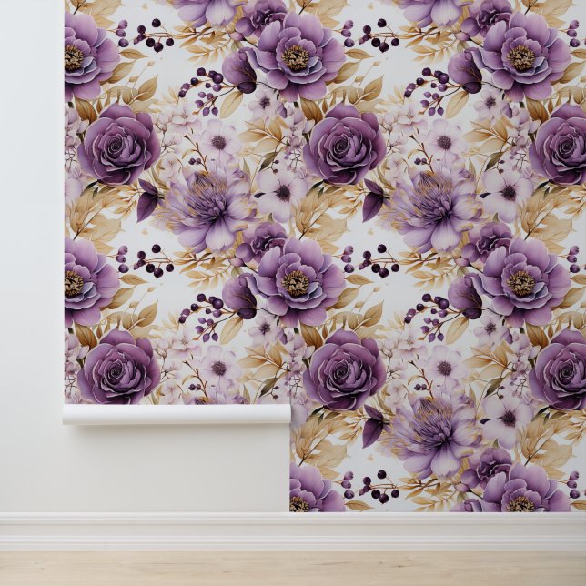 Purple Flowers And Gold Leaves Peel And Stick Wallpaper (Application)