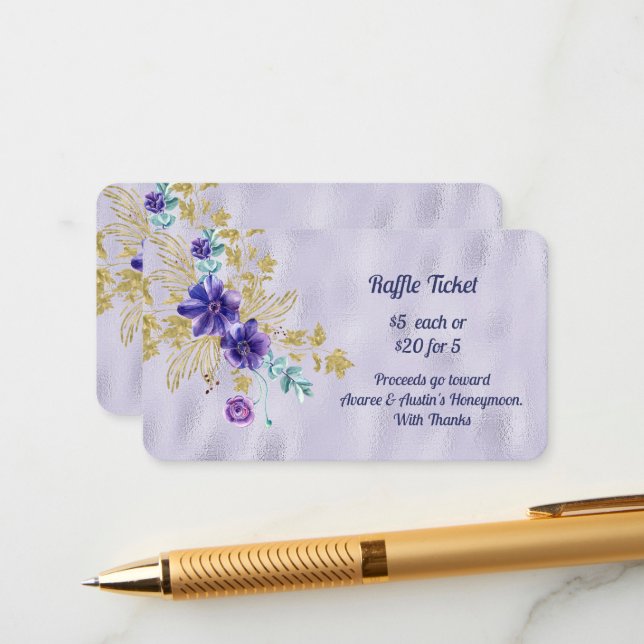 Purple Flowers and Gold Leaves Purple Foil Raffle Enclosure Card (Front/Back In Situ)