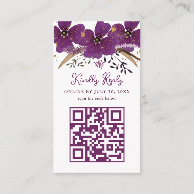 Purple Flowers and Gold QR Code Enclosure Card (Front)