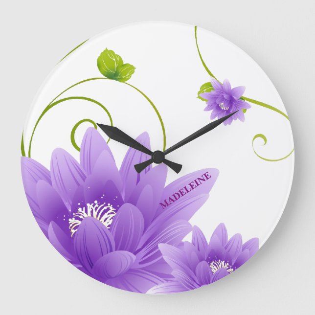 Purple Flowers And Green Leaves Large Clock (Front)