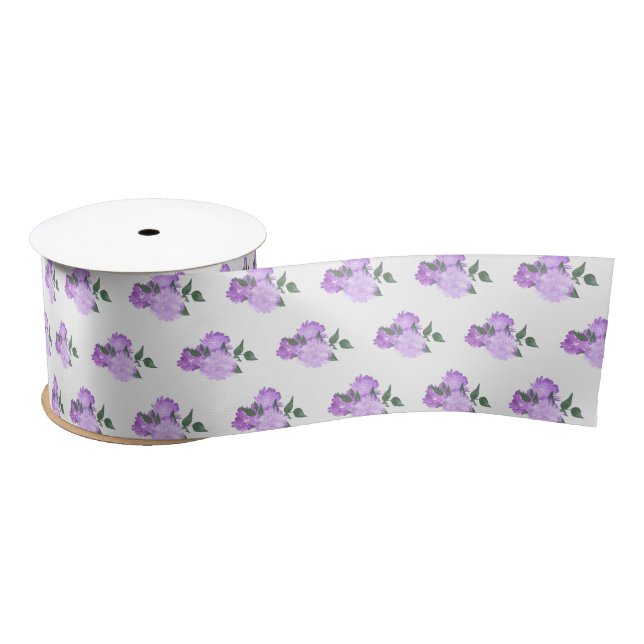 Purple Flowers and Greenery Pattern Satin Ribbon (Spool)