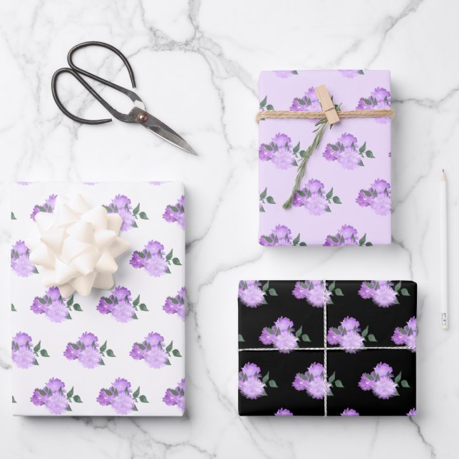 Purple Flowers and Greenery Pattern Wrapping Paper Sheet (Front)