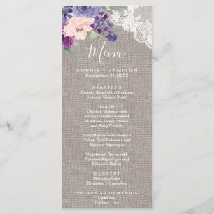 Purple Flowers and Lace Dinner Menu Card