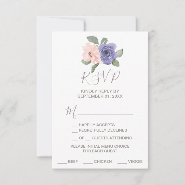 Purple Flowers and Lace Menu Choice RSVP Card (Front)