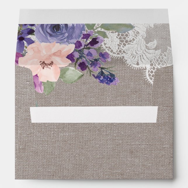 Purple Flowers and Lace Wedding Invitation Envelope (Back (Bottom))