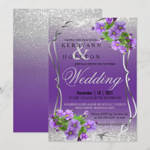 Purple Flowers and Silver Glitter Invitation