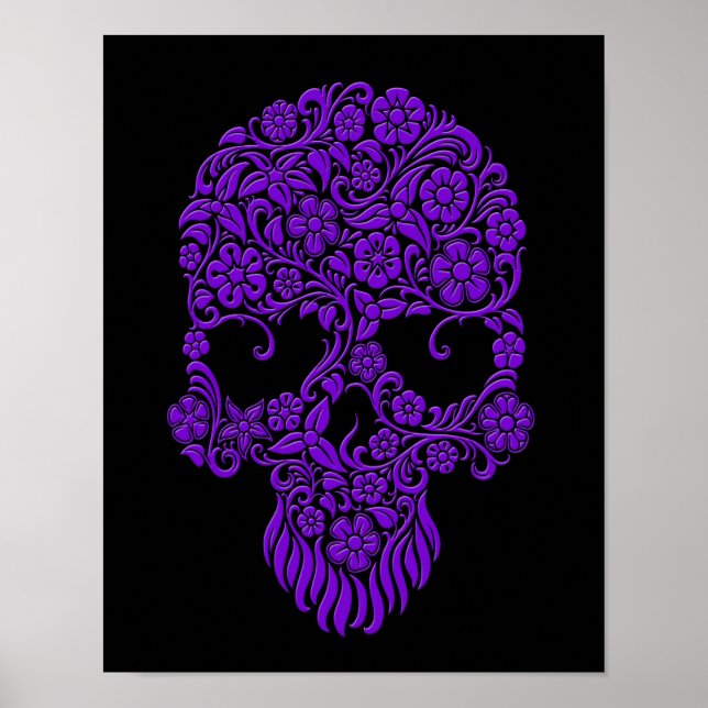 Purple Flowers and Vines Skull Design on Black Poster (Front)